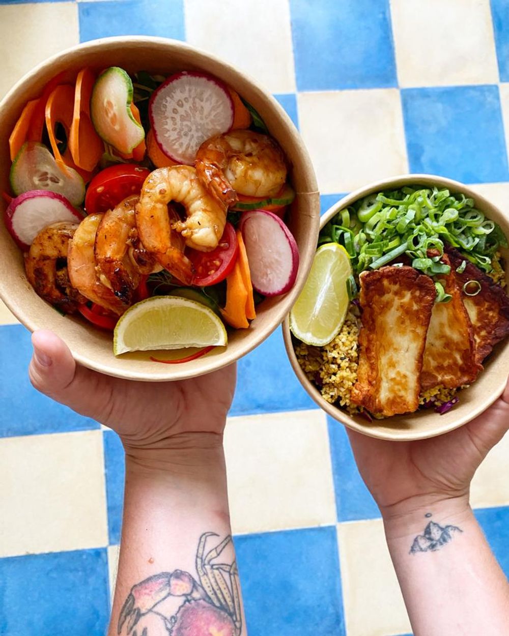Prawn Poke Bowl and Tabbouleh with grilled halloumi
