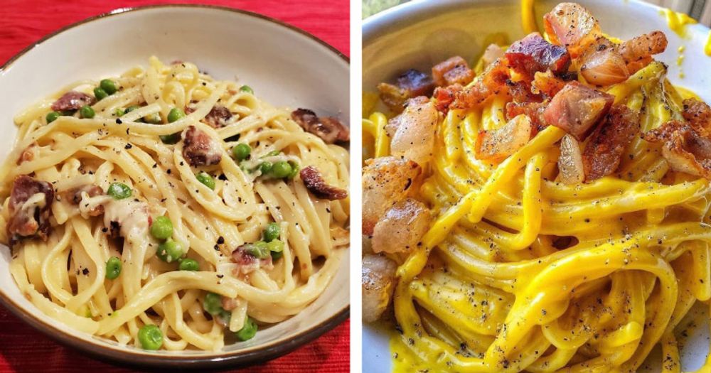 Carbonara with peas and mushrooms image and carbonara image