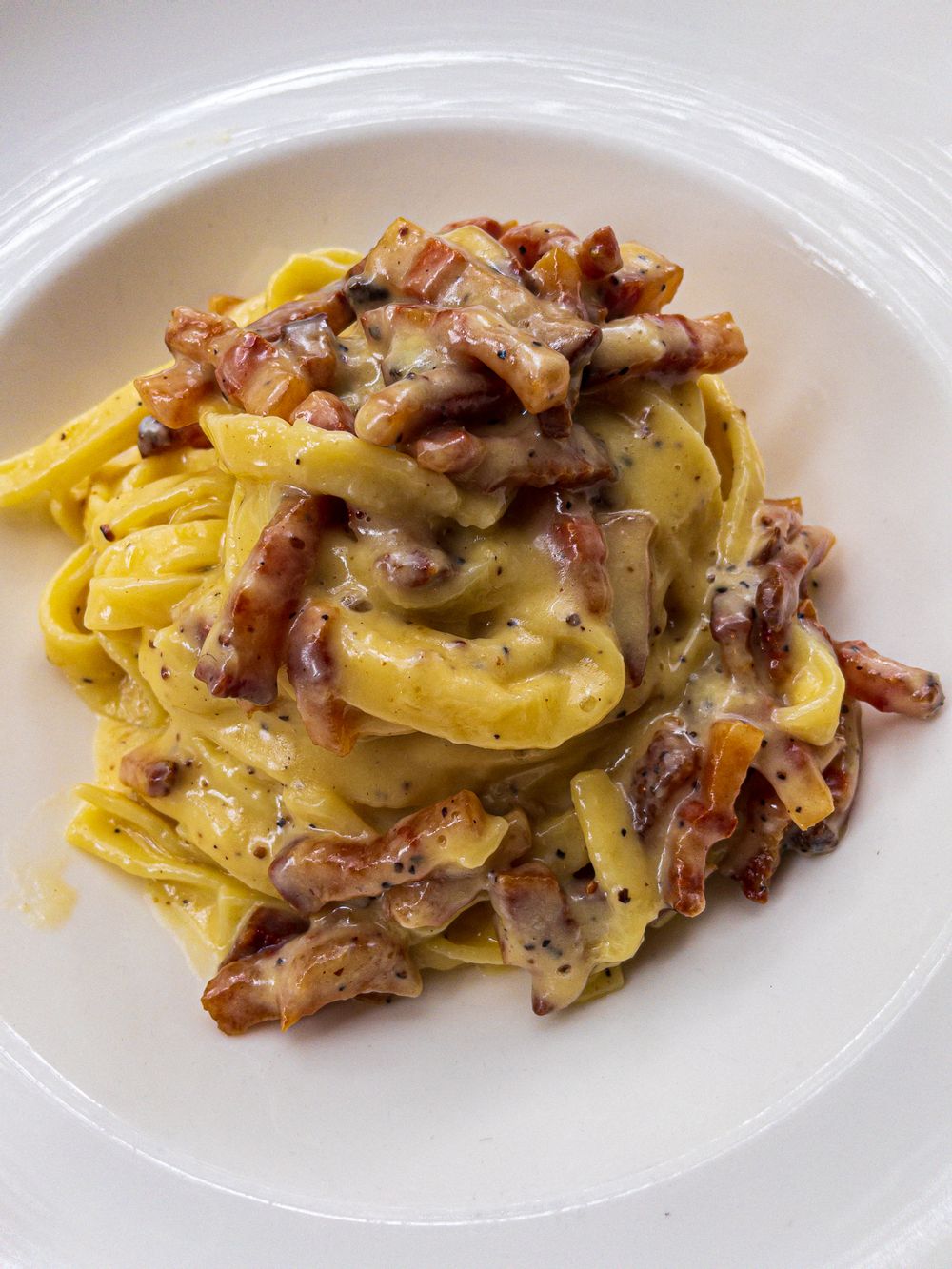 Tagliatelle Carbonara served at Stanjata Cafe, Birkirkara, Malta. 
