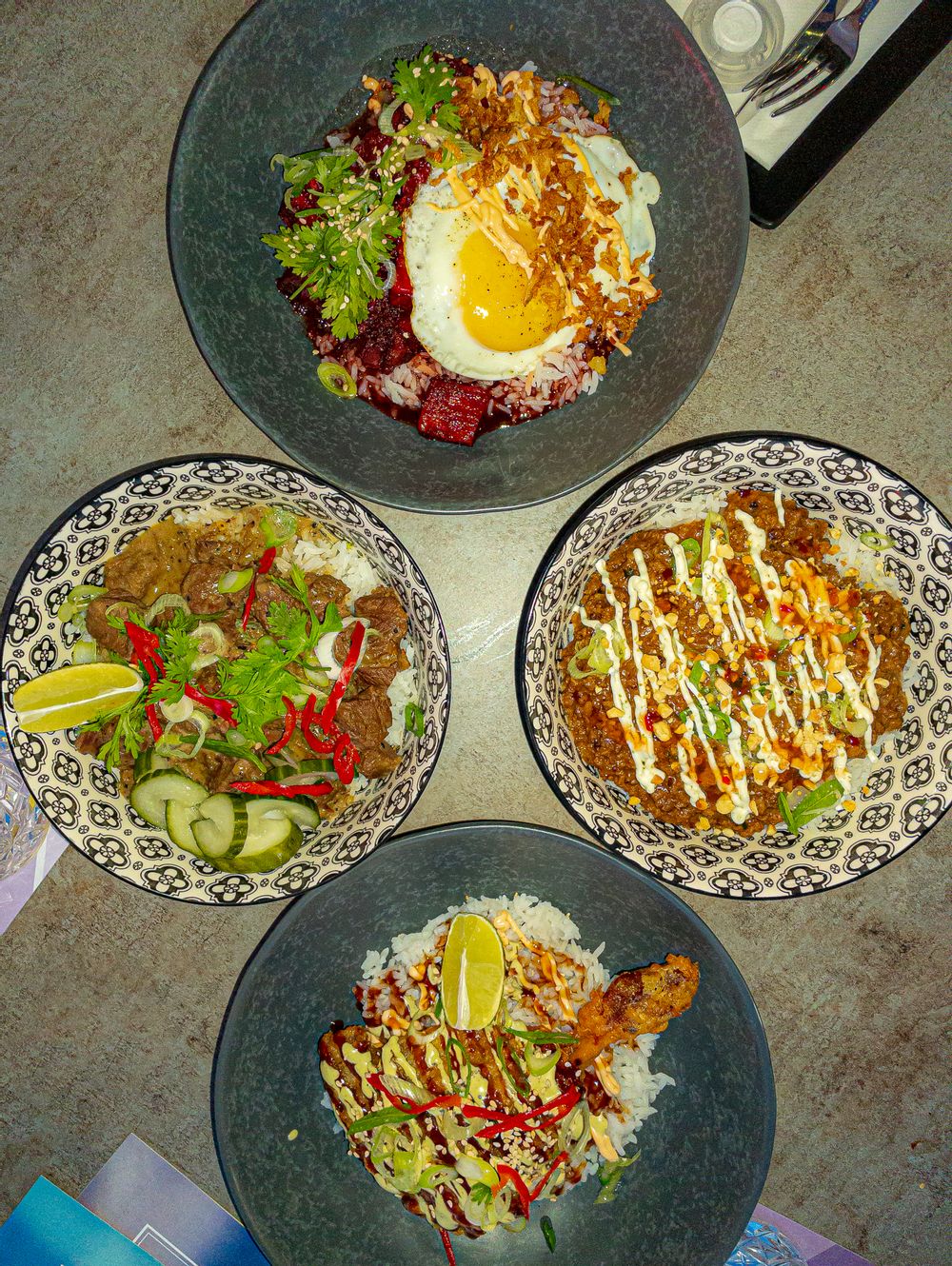 Bowls of rice and meats at Gin-ger, Hyatt Regency St Julian's