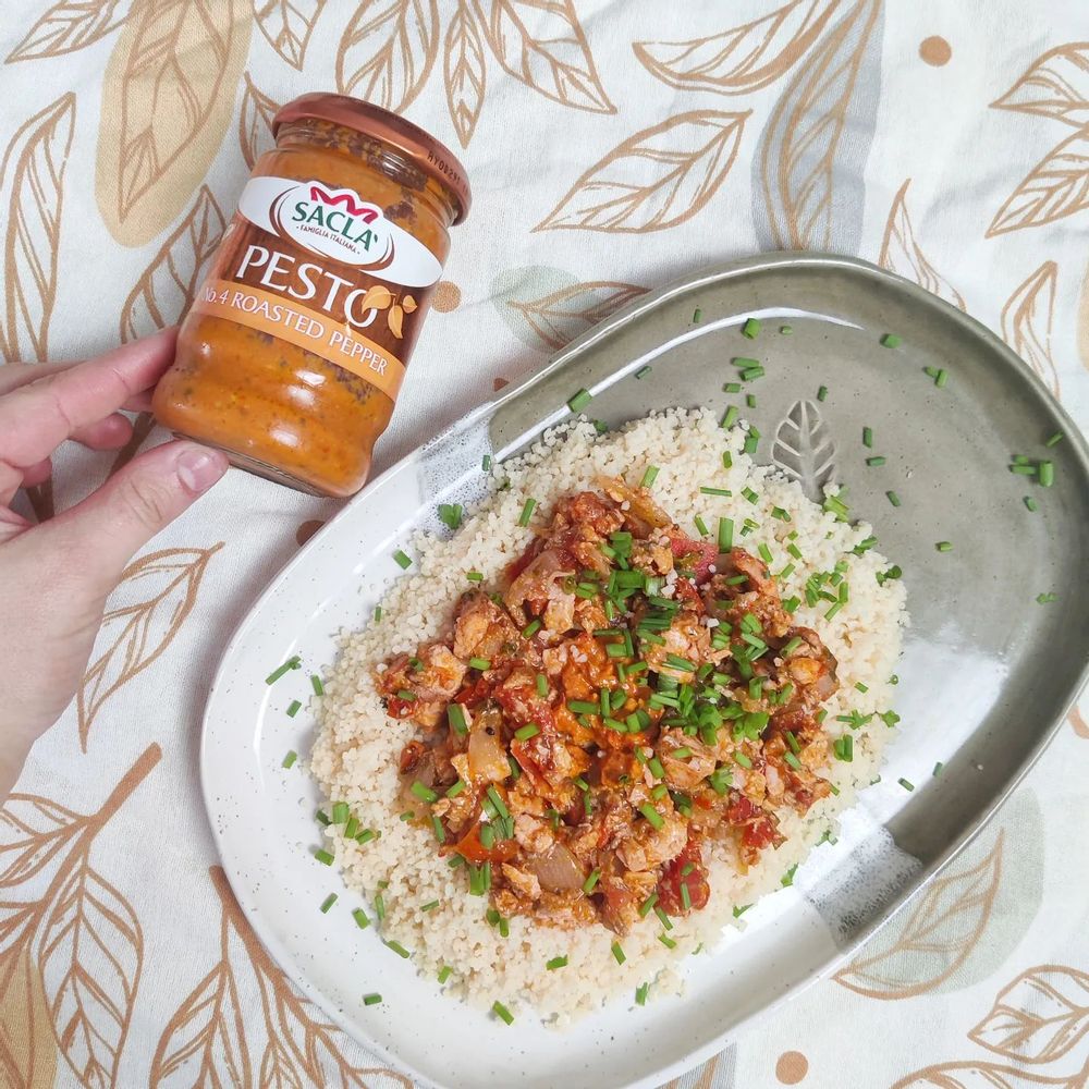 Flaked salmon with roasted pepper pesto by Emily Grimaud of Eats by Emily, Malta.