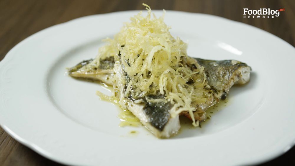 Final plating of the Sea Bass and Crispy Potato recipe from FoodBlog Marvin's Five