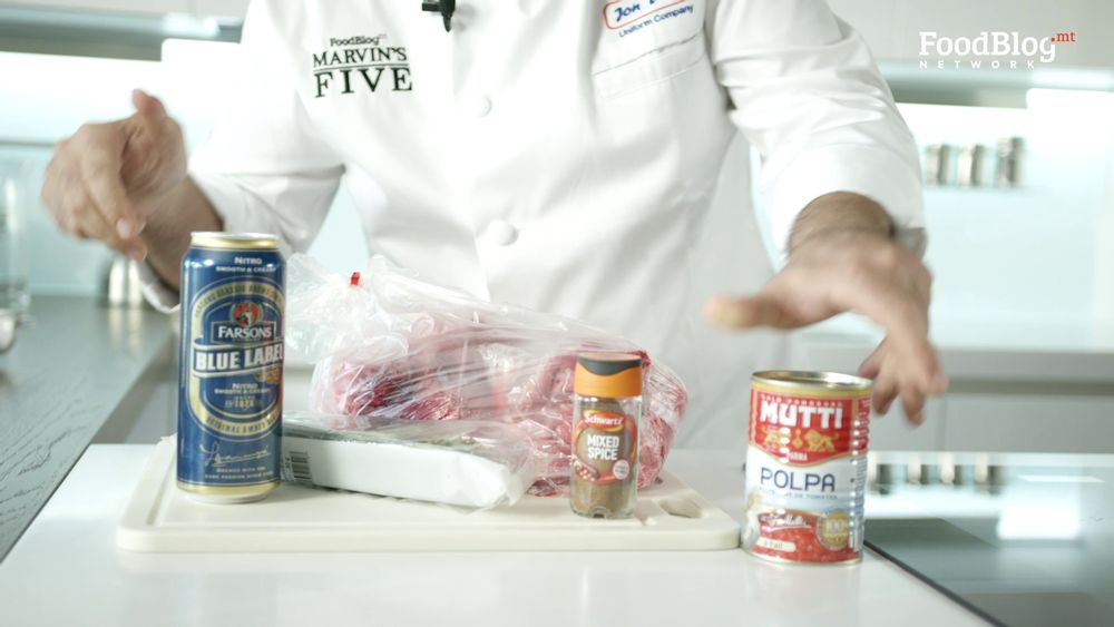 all 5 ingredients for marvin's 5 to make rabbit with garlic and tomato polpa and amber ale blue label sauce