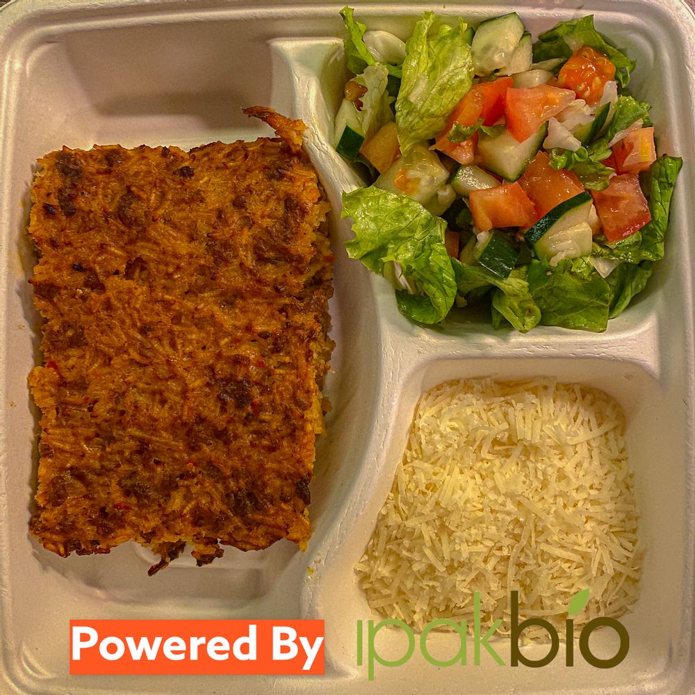 baked rice recipe in an IPAK Bio container from Inserv