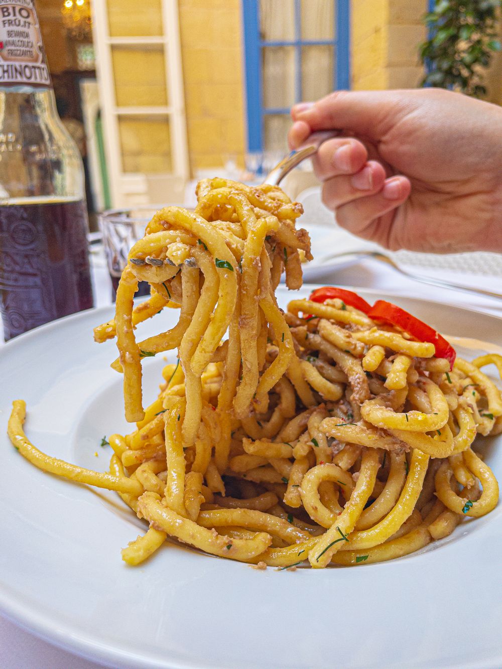 The Anchovy Pesto Bigoli at Blue House in Birgu.