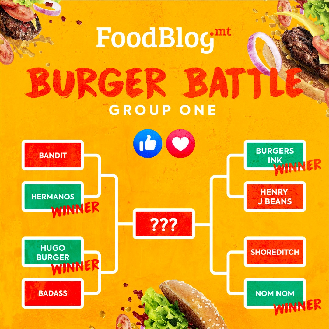 All the winners in group one of the foodblog burger battle, in a knock out form with the FoodBlog branding