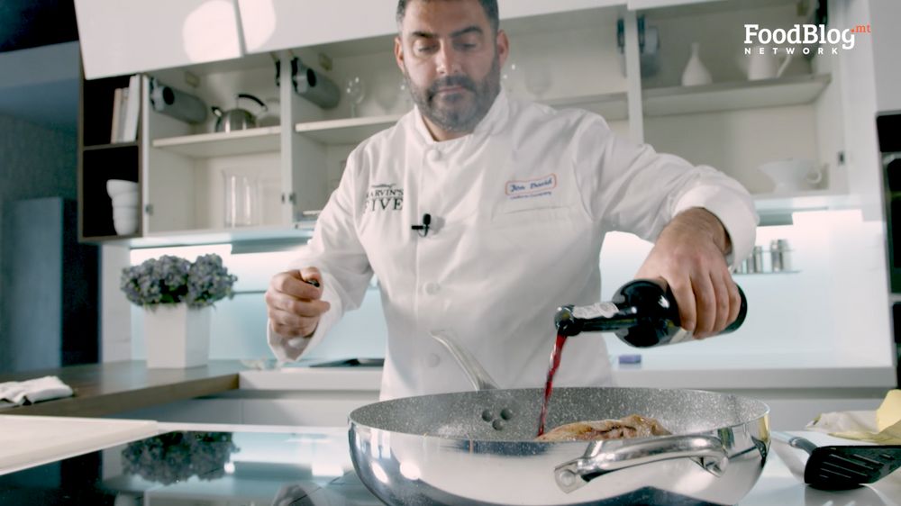 Marvin Gauci adding port to the pork fillet on FoodBlog's Marvin's Five