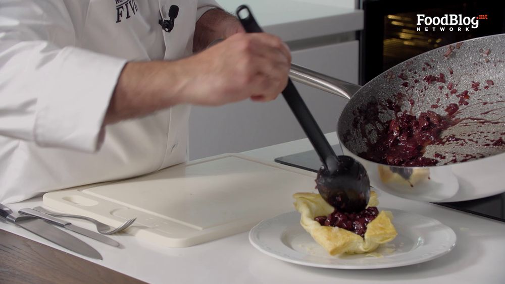 Marvin Gauci adding the beef strudel mixture into the pastry mould ready to be eaten on FoodBlog's Marvin's Five