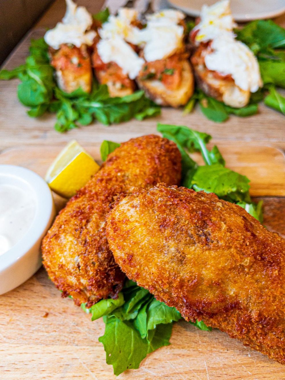 Starters of Bruschetta and Pulled Beef Croquettes at Stanjata Cafe, Birkirkara, Malta.