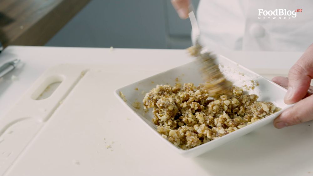 Mixing diced walnuts and fig jam on FoodBlog's Marvin's Five