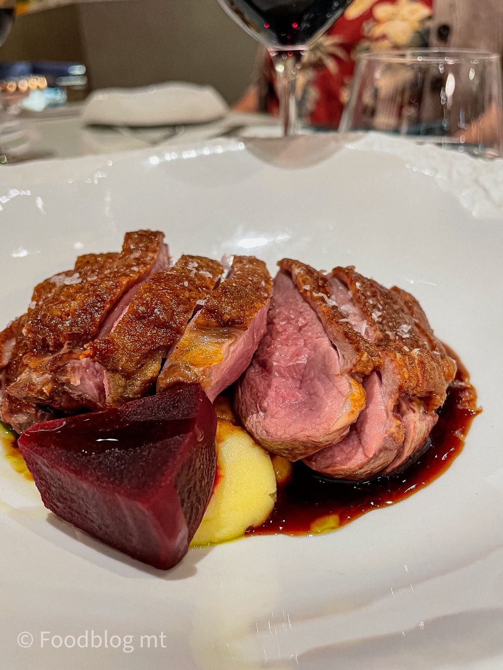 Pan seared duck breast with confit leg, pistachio and chevre baklava, pickled beetroot, creamed potato and jus at Seed