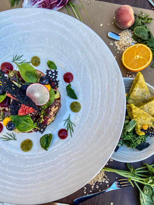 A beautifully plated tuna tartar decorated to a very high level