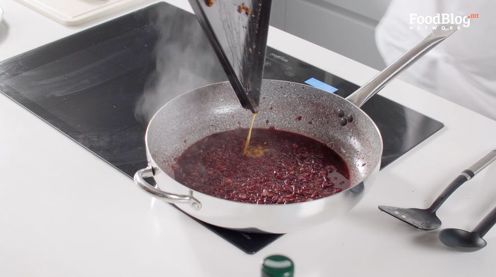 Add excess pork fillet stock to the port and onion sauce to seal in the flavour on FoodBlog's Marvin's Five