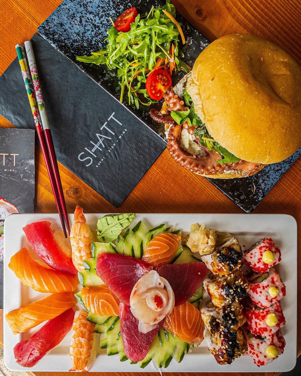 Sushi Platter and Octopus Burger at Shatt
