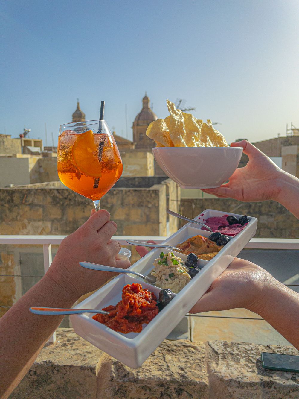 An Aperol Spritz and the Crispy, Crunchy Popadon at Blue House, Birgu.