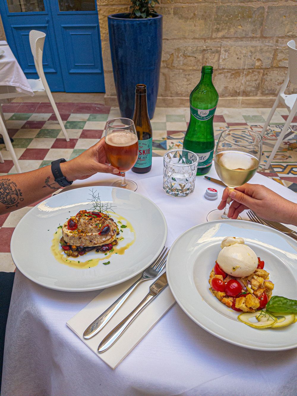 Seabass Roll and Panzanella and Burrata at Blue House, Birgu.